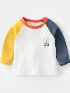 เสื้อยืดคอกลมแขนยาวผ้าฝ้ายระบายอากาศได้ดีสำหรับเด็ก ฤดูใบไม้ผลิ ฤดูใบไม้ร่วง ฤดูหนาว แฟชั่นเด็กชายและเด็กหญิง