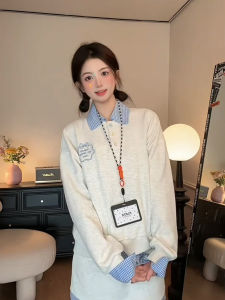 Design Sensation Plaid Color Block Polo Neck Fake Two-Piece Sweatshirt Womens Grey High Waist Slimming Mini Skirt Set