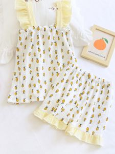 Summer Cotton Gauze Childrens Sleepwear Short Sleeve round Neck Print Home Clothes Fruit Pattern Girls Nightgown Shorts