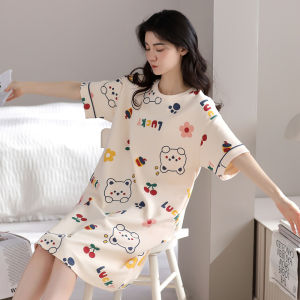 MiiOW | Pure Cotton Summer Sleepwear Womens Thin Home Clothes Set Cat Person MiiOW Round Neck Short Sleeve Mid-Length Home Gown