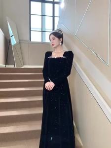 DINNER DRESS New Korean Black Long Sleeve Long Evening Dress Velvet Luxury Premium Dresses 黑色长袖长款宴会晚礼服丝绒高级感连衣裙