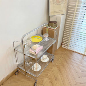 Middle-Ancient Glass Trolley Movable Foldable Dining Car Living Room Sofa Side Table Coffee Table Internet Celebrity Transparent Storage Rack