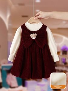 Girls Fleece Lined Dress Set Autumn Winter Princess Style Vest Dress Baby Birthday Ceremony Children New Year Clothes