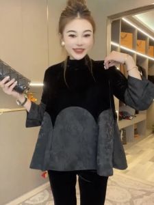 Velvet Patchwork Loose Base Layer Top Womens Fashion Retro Slimming Doll Shirt Spring New Style Commute Style round Neck Nine Sleeve