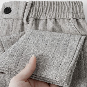 Retro Light Grey Vertical Stripes Ice Silk Mens Casual Pants Thin Cool Feeling Summer Loose Fit mid Waist Long Trousers