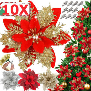 10PCS Glitter Christmas Flowers Christmas Tree Ornaments / Navidad Big Size Silk Flower New Year Party Home Decoration / DIY Garland Supplies Gold Red Silver Flowers with Clips