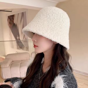 Hat Female Autumn and Winter New Arrival Lamb Fur Bucket Hat Plain Face Cover Face Small Bucket Hat Pure Color Warm Bucket Hat