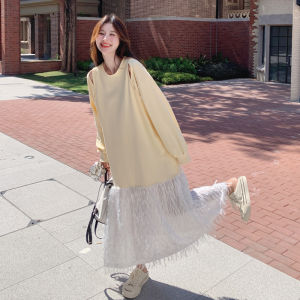 Light Yellow Hollow out Sweatshirt Dress Womens Spring New Korean Style Gentle Beautiful Tassel Long Skirt Elegant Dress