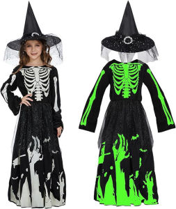 Halloween Girls Glow In The Dark Skeleton Ghost Witch Costume for Kids Fearsome Costume
