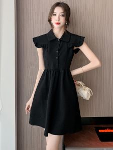 ชุดเดรสสีดำแขนพองสไตล์ฝรั่งเศสสำหรับผู้หญิง กระโปรงทรงเอเอวสูง กระโปรงสั้น แขนสั้น คอตุ๊กตา ทรงเอ เดรสยาวคลุมเข่า