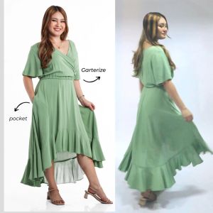 SD3 DIANA Solid Tie Surplice Ruffle High Low Dress