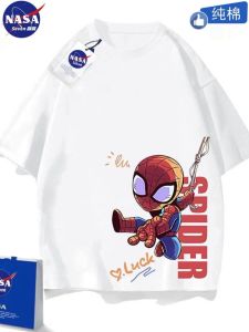 NASA Kids Cartoon Spiderman Short Sleeve T-shirt Pure Cotton Casual Style Loose Fit for Boys and Girls Summer Cool