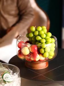 European Transparent Glass Wooden Base Fruit Tray Salad Bowl Candy Dessert Storage Tray Coffee Table Desktop Home Decoration