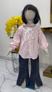 SETELAN PLISKET BRUKAT MIX CELANA JEANS CUTBRAY ANAK PEREMPUAN USIA 3 - 10 TAHUN / SET VIRAL ANAK CEWEK MODEL KOREAN STYLE
