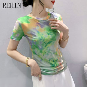 REHIN Summer Fashion Mesh Green Floral Printed Short Sleeve Round Neck Slim fit S-3XL Keroan Version Stylish Women Top