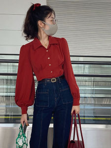 Elegant Short Sleeve Long Shirt Womens Red Shirt Vintage Hong Kong Style Spring Autumn Slim Fit Chiffon Shirt Button Detail Lantern Sleeve