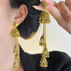 Retro Ethnic Long Bell Tassel Womens Versatile Slimming Earrings Luxury Sensation Ear Jewelry Fashionable Handmade Alloy