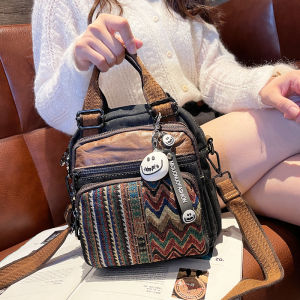 กระเป๋าสะพายข้างผ้าเดนิมแฟชั่นสีบล็อกแบบสะพายข้าง กระเป๋าเป้สะพายหลังแบบลำลองสำหรับวัยรุ่น กระเป๋าสะพายไหล่แบบมีซิป