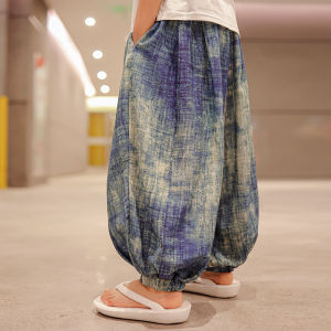 กางเกงฤดูร้อนที่หายใจได้ของผ้าฝ้ายผสมลินินเอวกลางสําหรับเด็กผู้ชาย 2023 สไตล์ใหม่สบายๆ เอวยืดและช่องว่าง