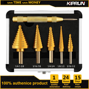 KIPRUN Step Drill Bit Set 6 Pcs Titanium High Speed Steel Step Drill Bits with Extra Automotive Center Punch for Metal Wood & Plastic with Aluminum Case 50 Sizes