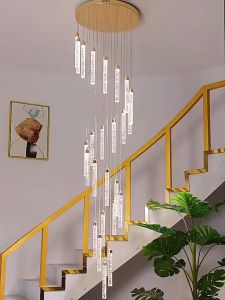 Gold Lampu Gantung Mewah Modern Ruang Tamu Villa Hotel Lampu Gantung Tangga 3 Warna Lampu Kristal Cahaya