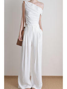 YUEZHONGWEI | Áo thun tay ngắn vai một bên kiểu Pháp màu trắng mùa hè thiết kế nhỏ gọn không đều ôm vừa vặn áo hở vai cho nữ