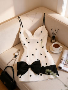 French Sweet and Spicy Polka Dot Bow Body-hugging Sheath Dress