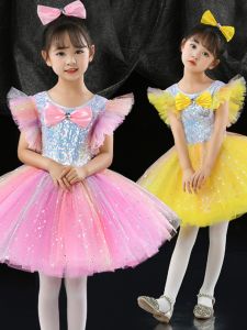 Princess Style Girls Puffy Tulle Skirt Performance Costume Sparkling Dance Outfit Cute Pink Childrens Show Dress Modern Dance