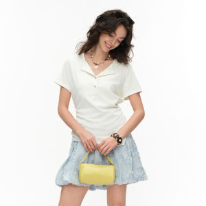 DUSHU | Tailored Fit Waist-Tie V-Neck Lace Short Sleeve Top