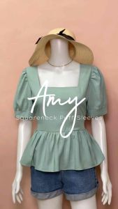 RIA Clothing Amy Squareneck Puff Sleeves Peplum Blouse Trendy Top for Women Korean Bkk Bangkok Inspired Outfit Medium To Semi Large Size