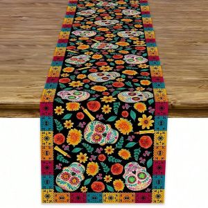 Mexican Day of The Dead Table Runner Colorful Sugar Skull Floral Print Polyester Tablecloth Halloween Party Dining Table Decor