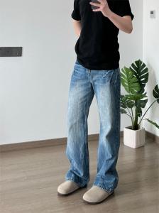 Cleanfit Vintage Washed Lightning Crack Pattern Mens Straight Leg Jeans Slimming Pants American High Street Style Denim Jeans