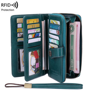 RFID Anti-theft Brush Retro Large Capacity Long Wallet Multi-card Womens Wallet Multi-function Zipper Wallet with Wrist Strap
