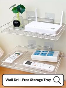 Ready Stock Traceless Wall Mounted Storage Tray Rack Shelf Wifi Router Remote Control Diffuser Book TV Box Vase Ipad Tablet DVD Player Hanging Holder Cheap Simple Durable Space Saving Multifunctional Use Heat Dissipation Home Living Bedroom Balcony Office