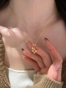 Engraved Four-Leaf Clover 925 Sterling Silver Gold Four-Leaf Clover Necklace for Women New Style Luxury Small-Exclusive Accessory Pendant Gift