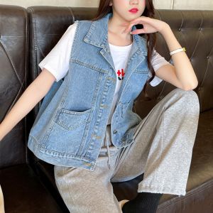 Casual Loose Womens Denim Vest Sleeveless Spring Summer New Design Sense Outerwear Top Button Pocket Pure Color Polo Collar