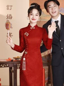 Chinese Style Long Sleeve Cheongsam Wedding Dress Red New Bride Custom Made Engagement Party Gown High End Sensation Womens Fashion