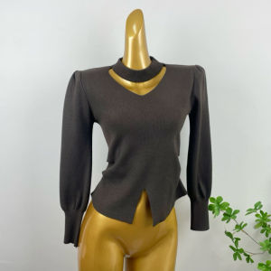 French Design V-Neck Knitted Top Womens Spring Autumn Slim Fit Short Bubble Sleeve Neck Hanging Korean Style Inner Wear