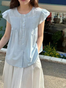 Blue French Style Cotton Linen Short Sleeve Comfortable Shirt Spring Summer Fashion Casual round Neck Straight Cut Workwear