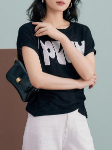 Shalldoer | Áo thun dệt kim tay ngắn mùa hè mỏng độc đáo cho nữ Áo thun tay ngắn thường ngày cổ tròn in chữ thoáng khí thoải mái