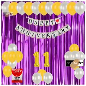Set Dekorasi Pesta Balon Putih Mix Ulang Tahun Pernikahan Banner Happy Anniversary Putih Tirai Ungu