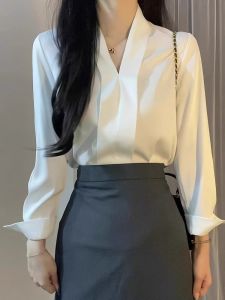 French White V-Neck Long Sleeve Shirt for Women Loose Fit Professional Interview Shirt Autumn Season Small Stature Wide Appearance Shirt