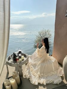 Talented V-neck Holiday Dress Women Summer Bell Sleeve Waist Cinch Large Swing Atmosphere Photo Fairy Skirt Cotton Rayon Dress