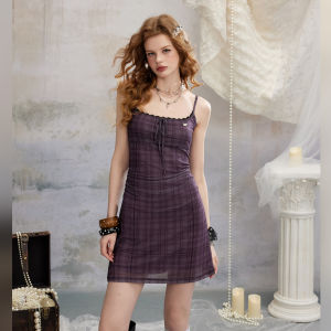 Unifree | Purple Check Mesh Halter Dress with Bow Waist and Lace Edge for Summer