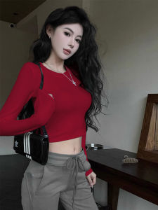 Chic Unique Shoulder Length Long Sleeve Womens T-Shirt Sweet And Spicy Style Tight Fit Short Crop Top Early Autumn Top
