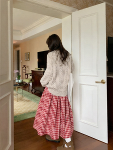 NIHAOKANONG | Chân Váy Midi A-line Cao Waist Vintage Check