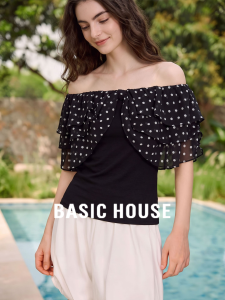 Basic House | Polka Dot Off-Shoulder French Style T-Shirt