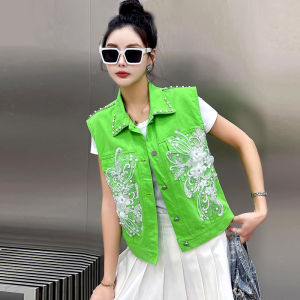 Denim Waistcoat Vest Womens Refined Handmade Lace Beaded Tops 2024 New Arrival Autumn Western Style Dopamine Fresh Vest