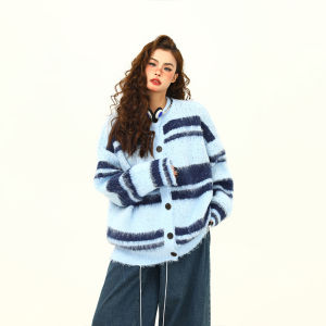 Soft Wild American Retro Knitted Sweater Coat Womens Autumn Winter Loose Striped Lazy Fashion Outerwear Coat Street Style