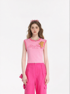Summer Letter Print 3D Teddy Sleeveless Top Slim Fit